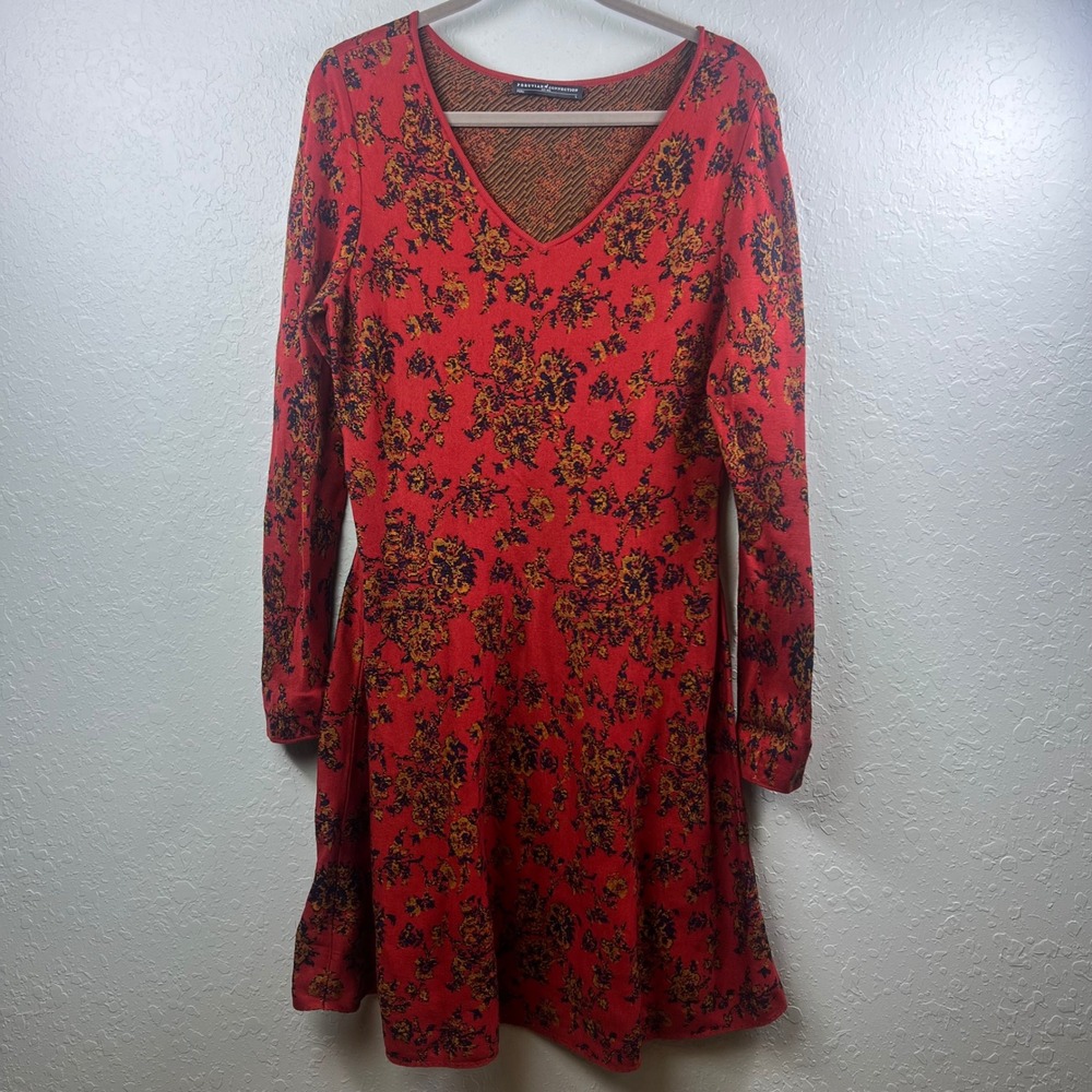 Peruvian Connection Knit Dress Swing Womans L Pima Cotton V-Neck Red Boho Floral